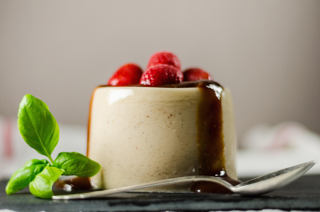 Strawberry Pannacotta With Spoon On Dish. Image shot 03/2014. Exact date unknown.